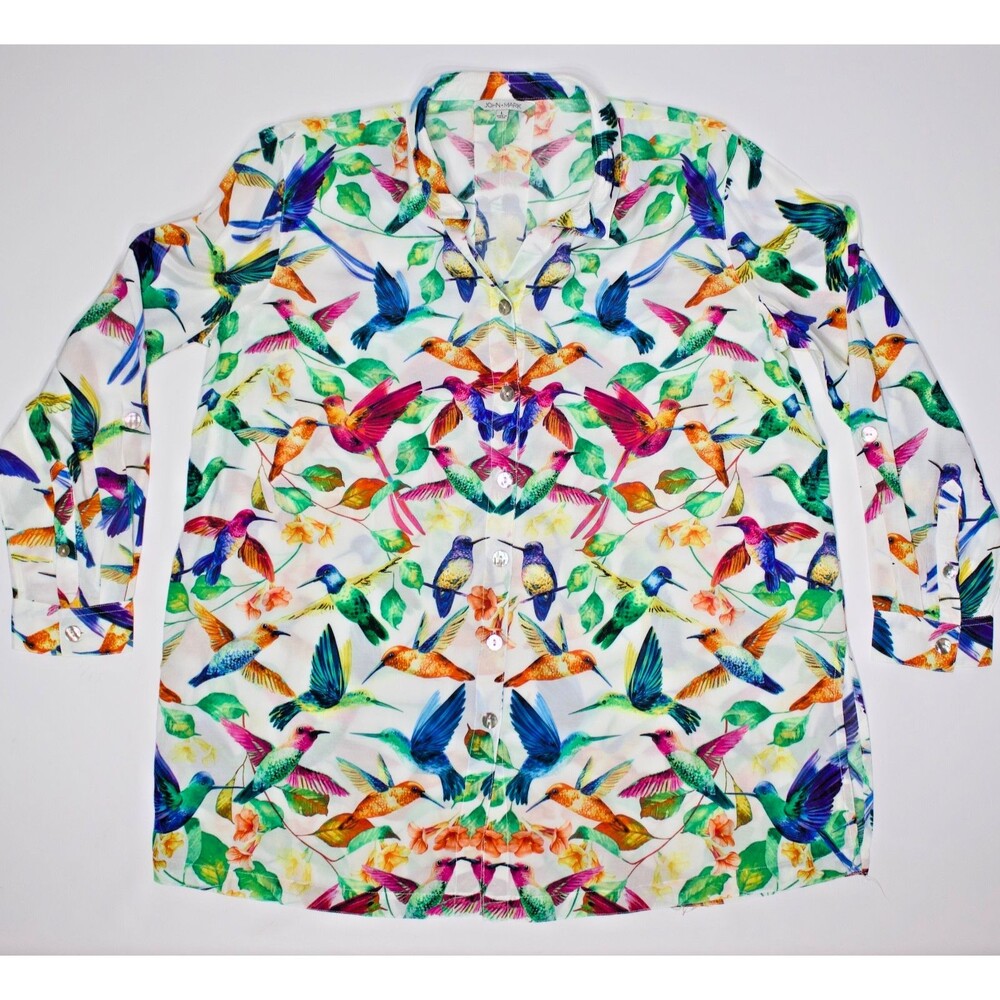 John Mark Colorful Hummingbirds Button Down Top Roll Tab Sleeves Women Size L